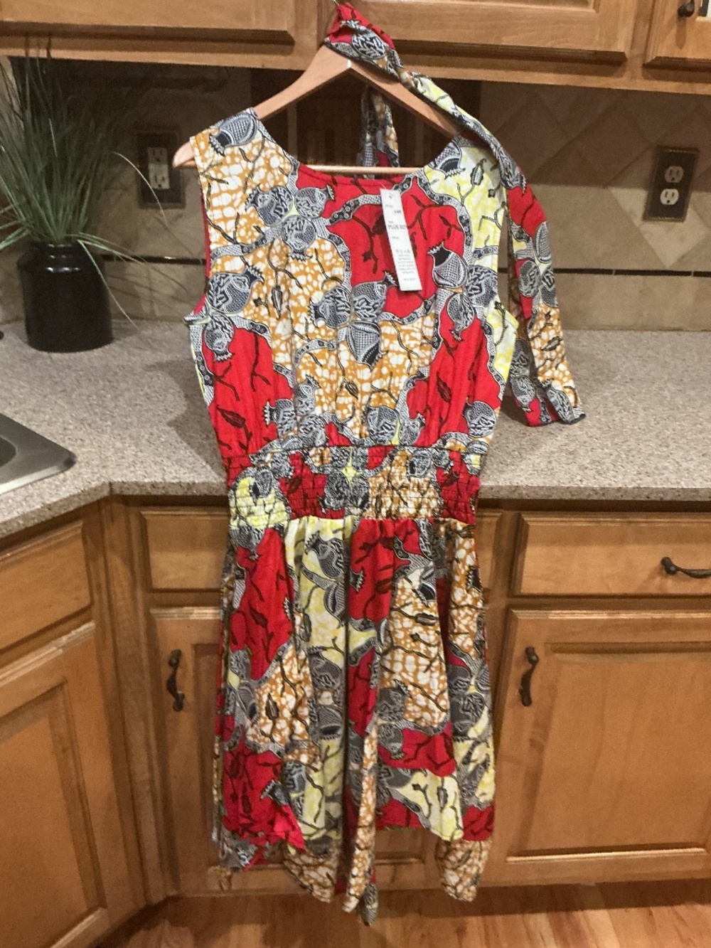New Yellow and Red hi Low Sides Dress and Scarf